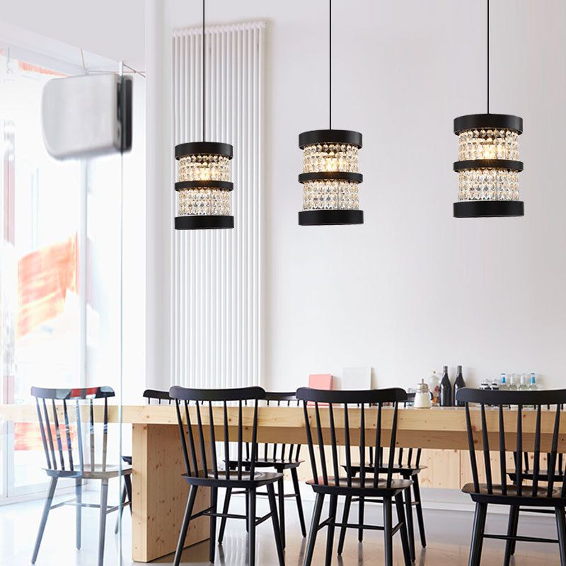 Black/Gold Cylinder Pendant Light Fixture Modernism Stylish Metal 1 Bulb Ceiling Light with Clear Crystal Beaded Strand