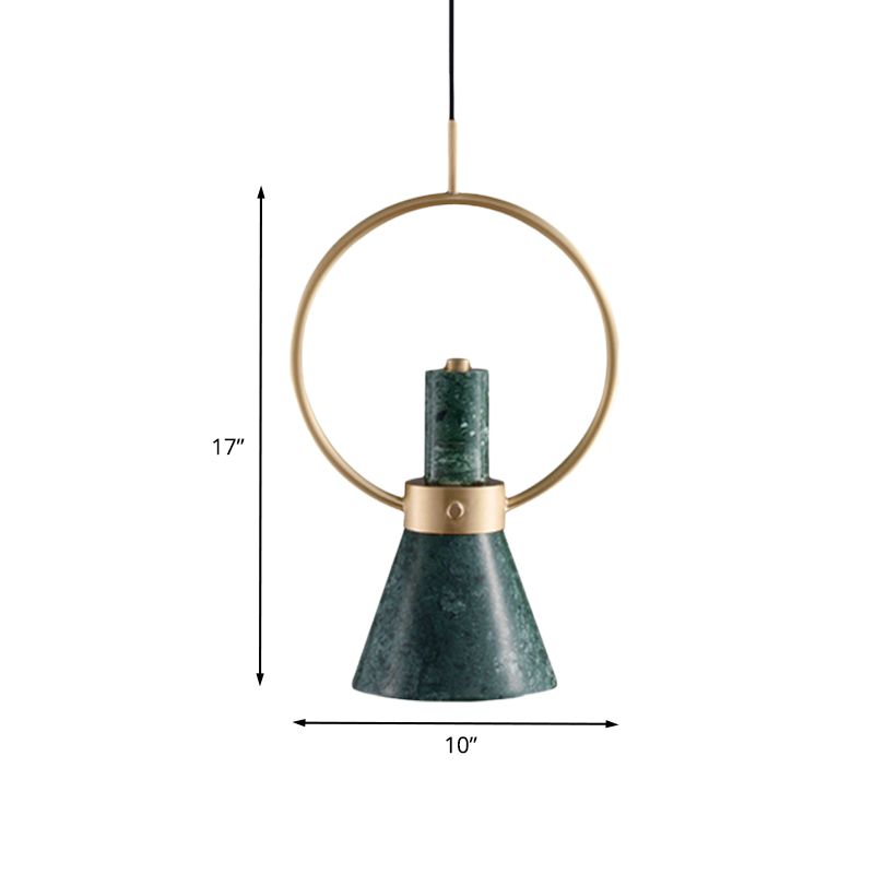 Marble Flared Pendant Light Nordic 1 Bulb Hanging Ceiling Lamp in Green with Gold Ring