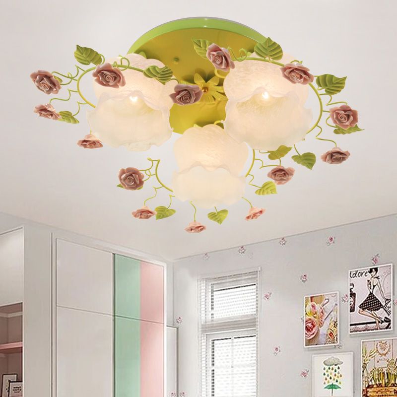 Floral White Glass Ceiling Mounted Fixture Traditional 3/5 Bulbs Living Room Flush Mount Lamp in Pink/Green