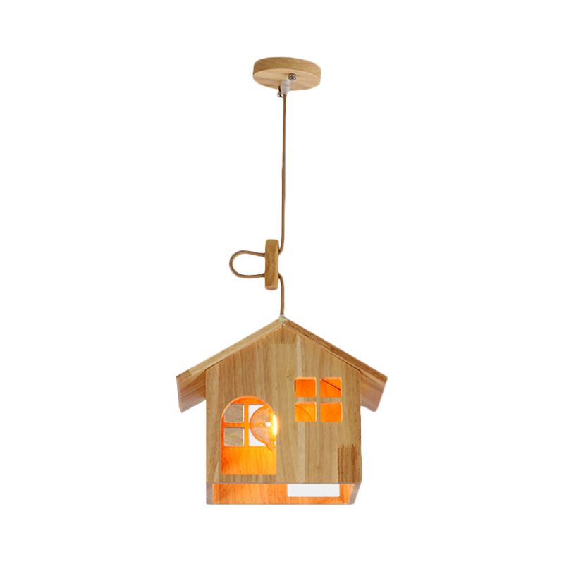 Lámpara colgante en forma de casa de madera moderna luz natural de madera natural con cordón ajustable para el comedor