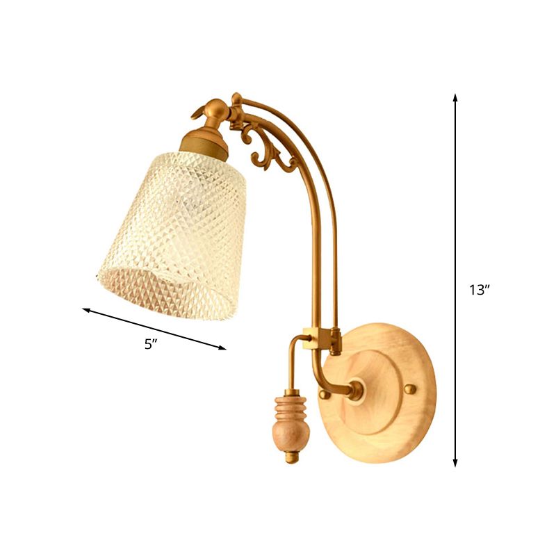 1 Bulb Cone Sconce Lamp Tradition Prismatic Glass Wall Lighting Fixture in Brass with Curved Arm
