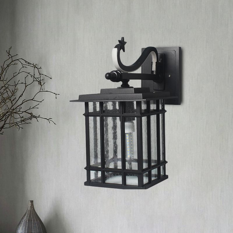 1-Kopf-Wandbeleuchtung Land Courtyard Lampe mit Quader-Säuget-Glasschatten in Schwarz