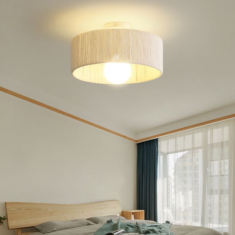 Fibra di rattan 1 luce semi -filo soffitto leggero rotondo asiatico semifulto lampadario a montaggio per camera da letto