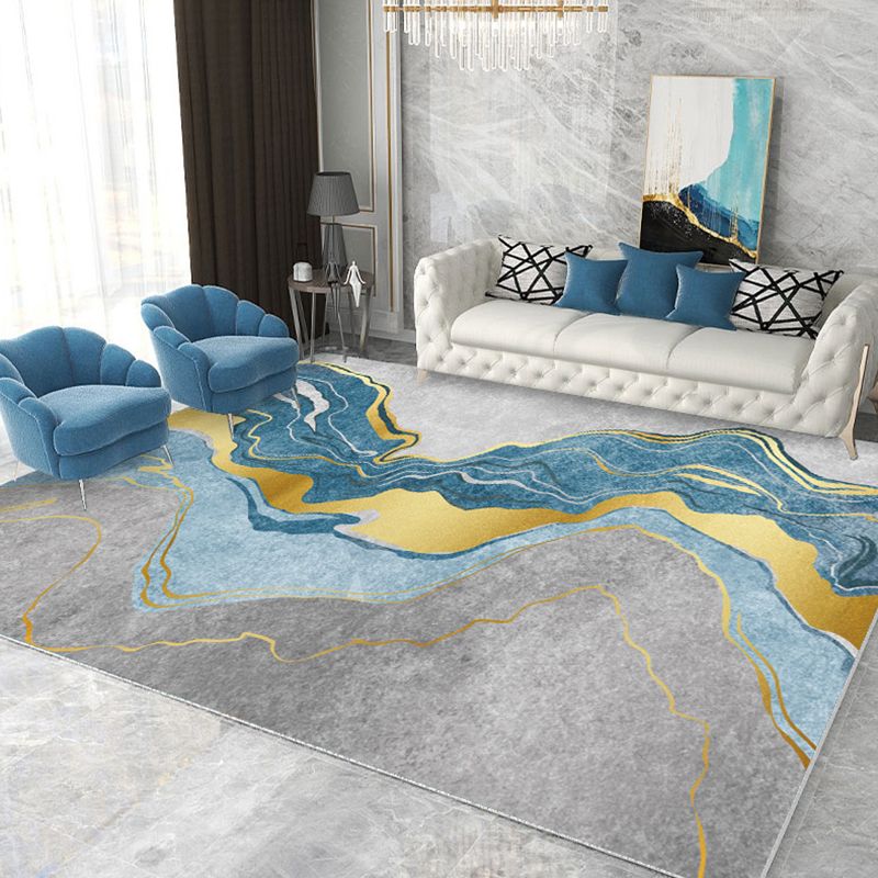 Blue Tone Causal Indoor Rug Polyester Blooming Effect Carpet Washable Rug for Home Decoration