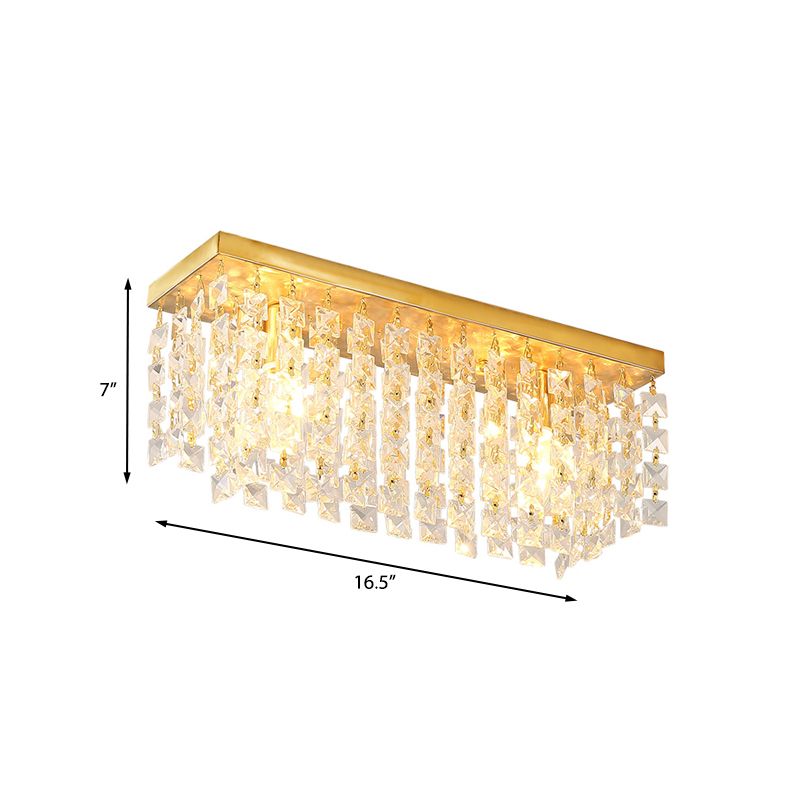 Rectangle Living Room Flush Mount Fixture Clear Crystal 2 Heads Contemporary Flush Ceiling Light in Brass