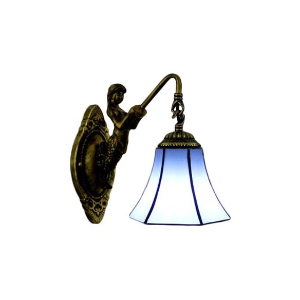 Flared Wall Light Fixture Tiffany Blue/Beige Glass 1 Head Antique Bronze Sconce Lighting