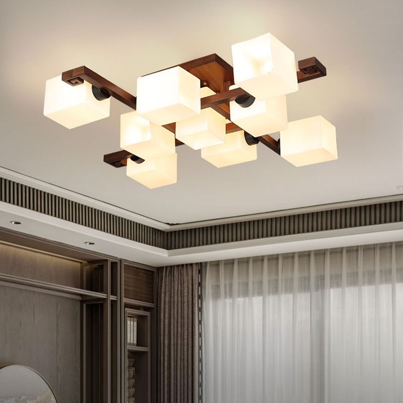 Brown Modern Wood Flush Mount Geometric Shape Ceiling Lamp with Acrylic Shade for Bedroom