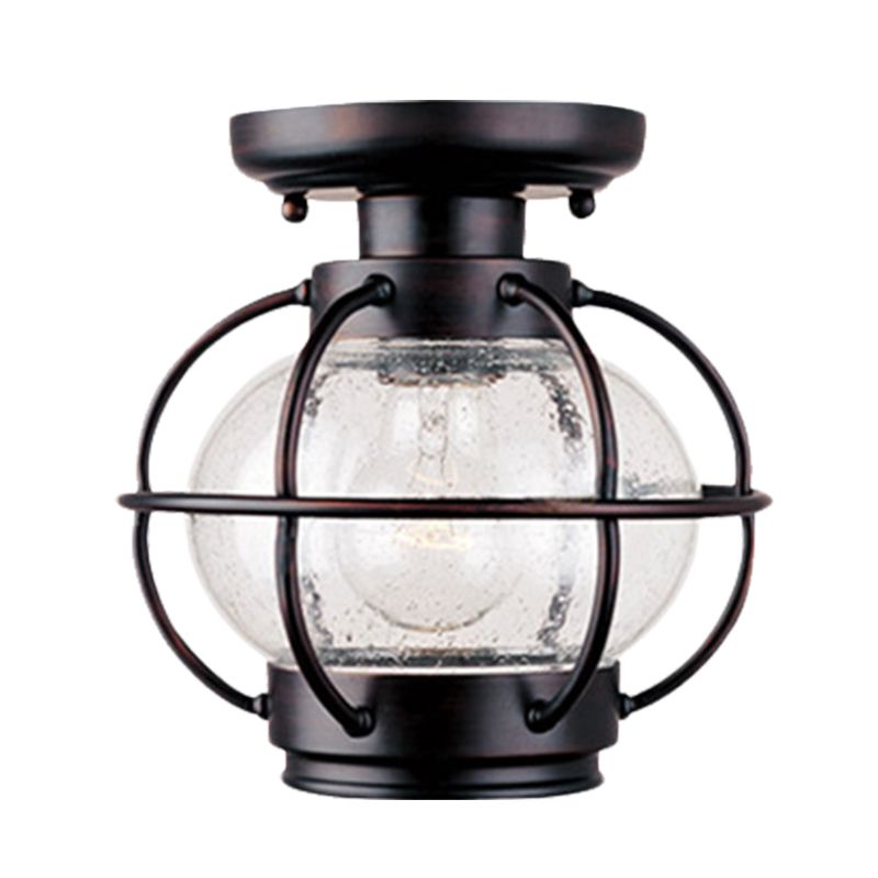 Lantern Bubble Glass Semi Flush Rural 1 Head Outdoor Flush Mount in Coffee with Metal Cage