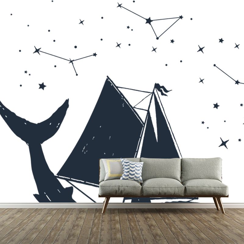 Huge Sailing Whale Mural Wallpaper Modern Fantasy Constellation Wall Decor in Black-White