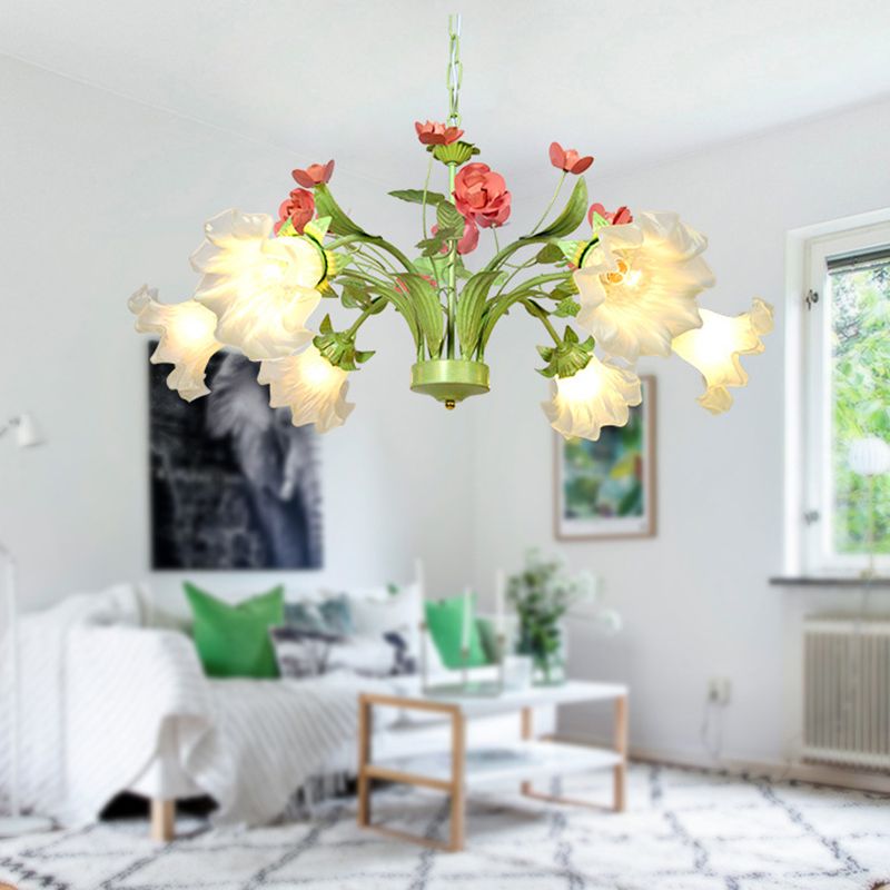 Traditional Flower Hanging Pendant 6 Heads Cream Glass Chandelier Lighting Fixture in Green for Bedroom