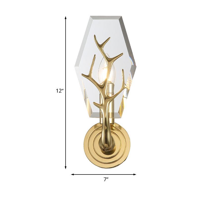 Hexagon Pannel Sconce Light Aymator Modernisme Crystal 1 Bulbe Murmont de murs en or avec déco de bois