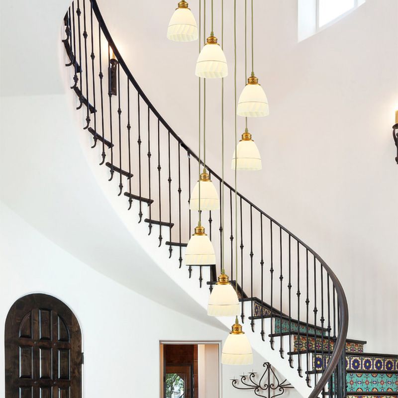 8-Head Pendant Lighting Modernism Stair Multi Ceiling Light with Bell/Dome White Glass Shade