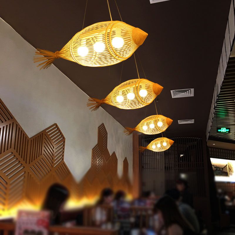 Suspension tissage de 12 "/ 16" de large pendentif rétro bambou 1 bulbe en bois suspendu luminaire