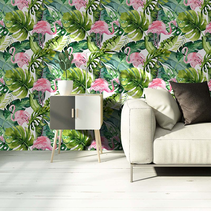 Green Plant Leaf Wallpaper Flamingo Tropical Peel and Stick Wall Art for Sitting Room