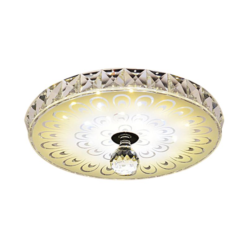 Simplicity Round Flush Mount LED Faceted Crystal Ceiling Mounted Light in White with Peacock Tail Pattern, Warm/White Light