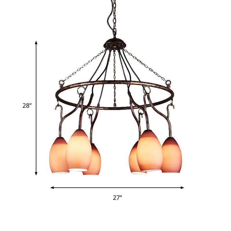 6 Lights Ring Hanging Light with Pink Melon Shade Antique Glass Chandelier for Cafe