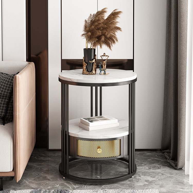 Contemporary Slate Top Round Side End Table Frame End Table with Drawer