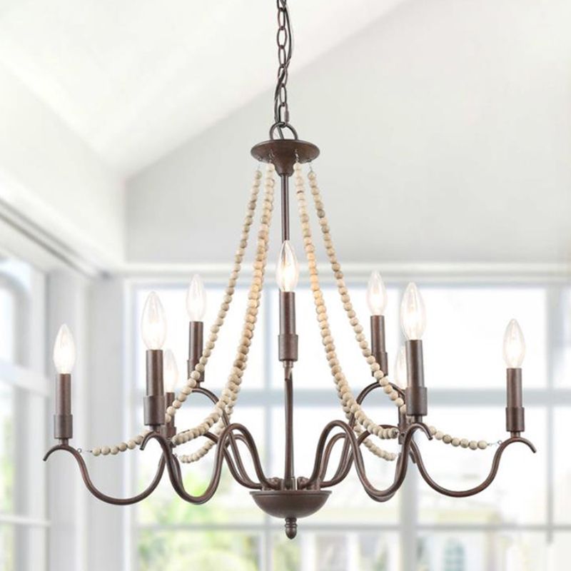 9-Light Suspension Light Retro Style Beaded Wood Chandelier Light with Metallic Candle in Rust