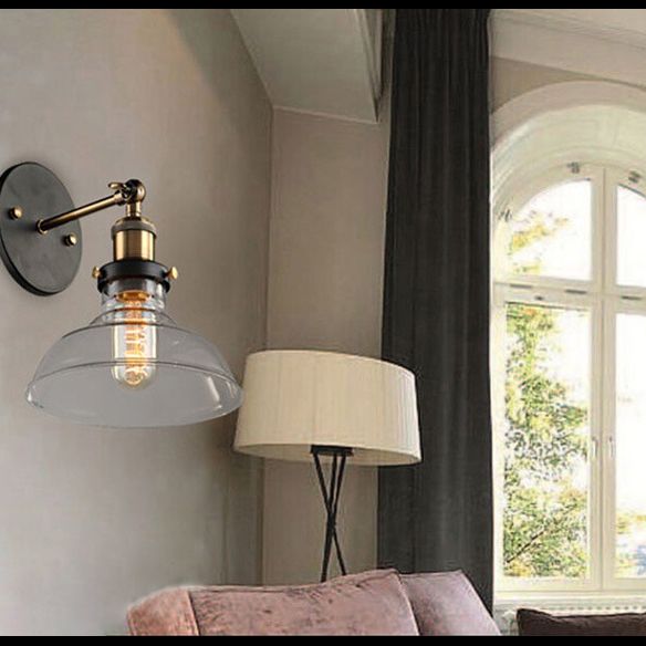 Industrial 1 Light Wall Sconce Aged Brass Arm Wall lighting in Pure Glass Barn Shade