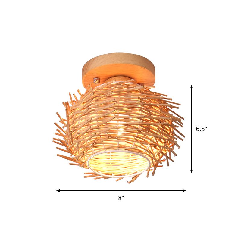Rustieke Handgemaakte Flush Mount Lamp Bamboe 1 Bulb Plafond Mount Lamp in Hout voor Woonkamer