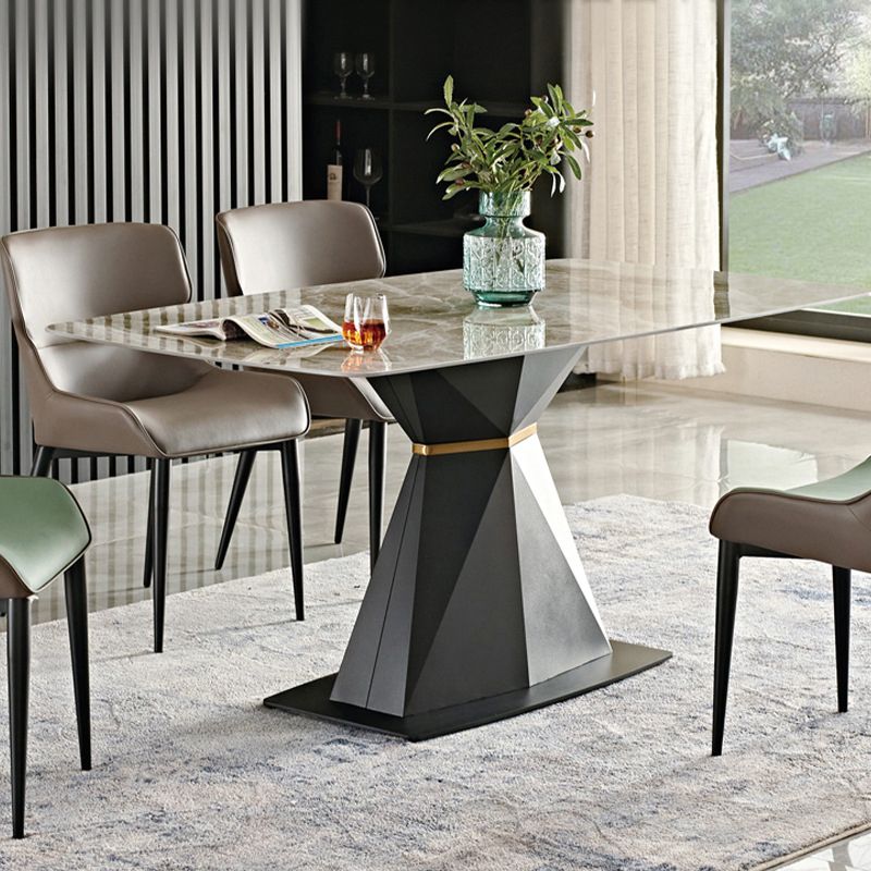 Metal Traditional Luxury Rectangular Table Sintered Stone Dining Table with Pedestal Base