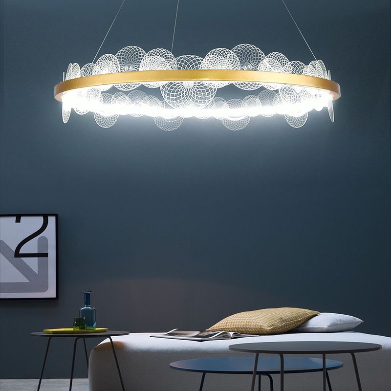 Lampada appesa a mano trasparente retrò retrò lampadario a LED acrilico con cerchio d'oro