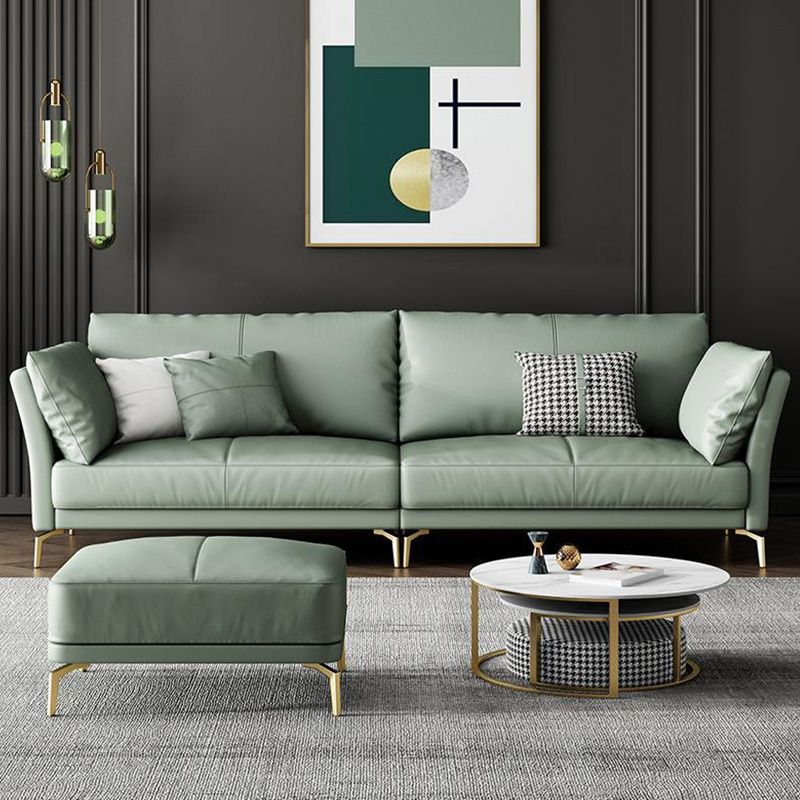 Genuine Leather Flared Arm Sofa Luxurious Green Sofa with Pillows