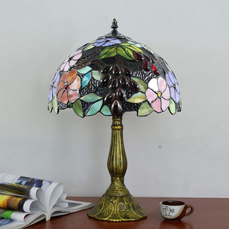 Bowl Table Light Tiffany Stained Art Glass Single Antique Brass Nightstand Lamp with Flower and Grape Pattern