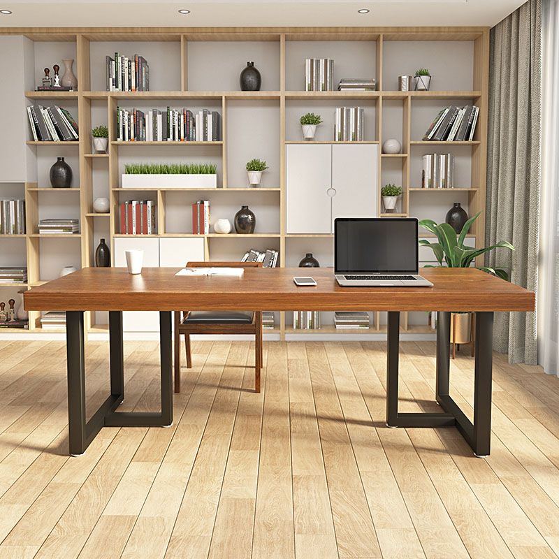 Brown Rectangular Office Desk Wooden Home Writing Desk with Metal Legs