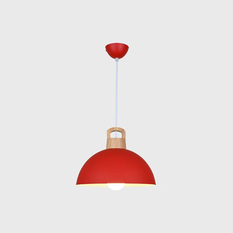 Macaron Style Domed Suspension Lamp Aluminum 1 Head Diner Pendant Light with Wooden Decor