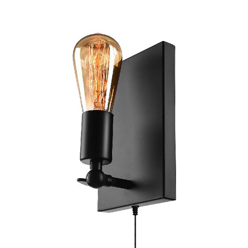 1 Light Plug In Wall Lamp with Exposed Bulb Loft Retro Black Metal Sconce Lamp for Dining Room
