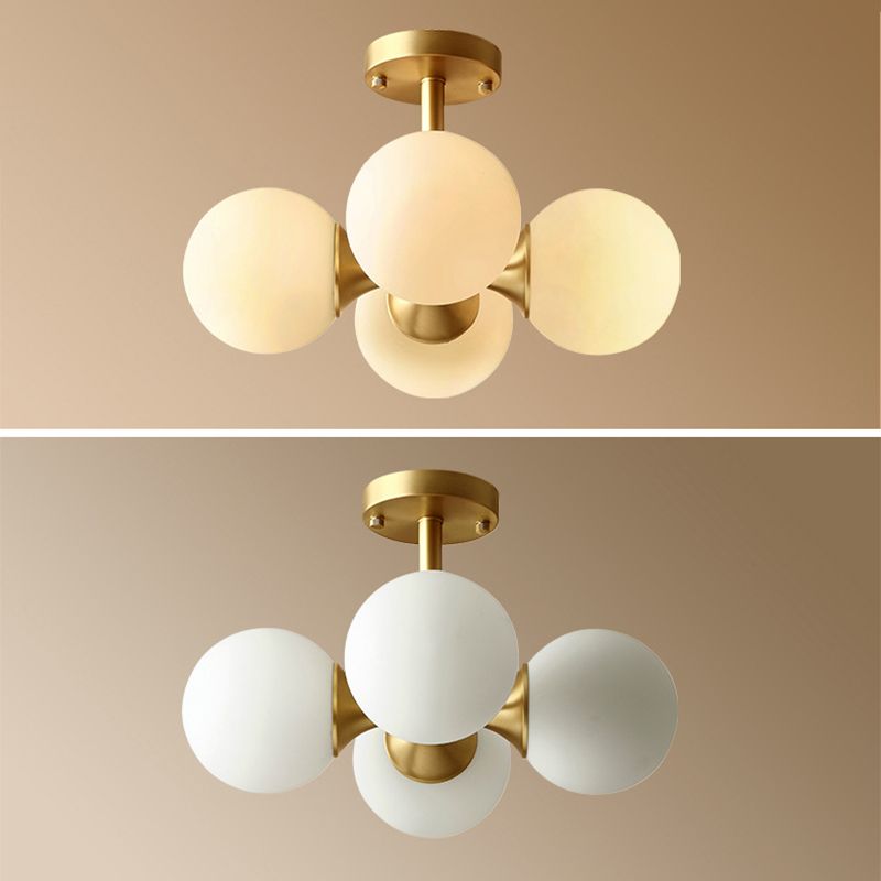 4-Lights White Globe Glass Ceiling Light 16.5" Wide Nordic Style Minimalism Brass Semi Flush Mount Lamp