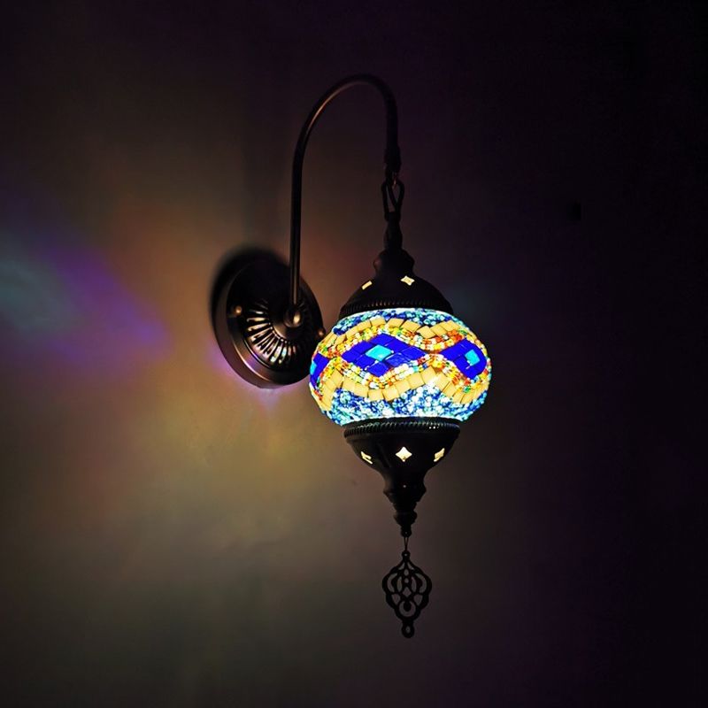 Orb Restaurant Wall Sconce Light Traditionalism Stained Glass 1 Head Yellow/Gold/Lake Blue Wall Lighting Fixture