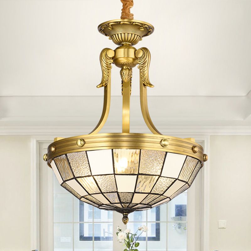 3 Lights Tiffany Chandelier Lighting Bowl Shade Cut Glass Suspension Pendant Light in Blue/Textured Silver for Kitchen