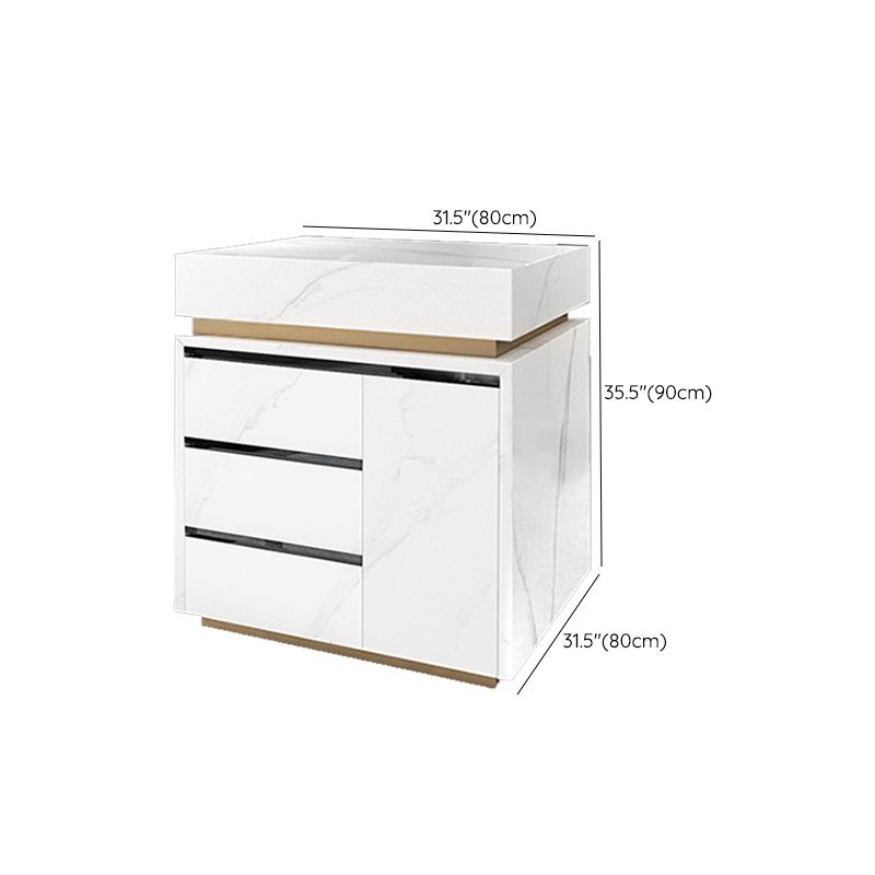 White Stone Contemporary Kitchen Island Table with Storage Cabinet