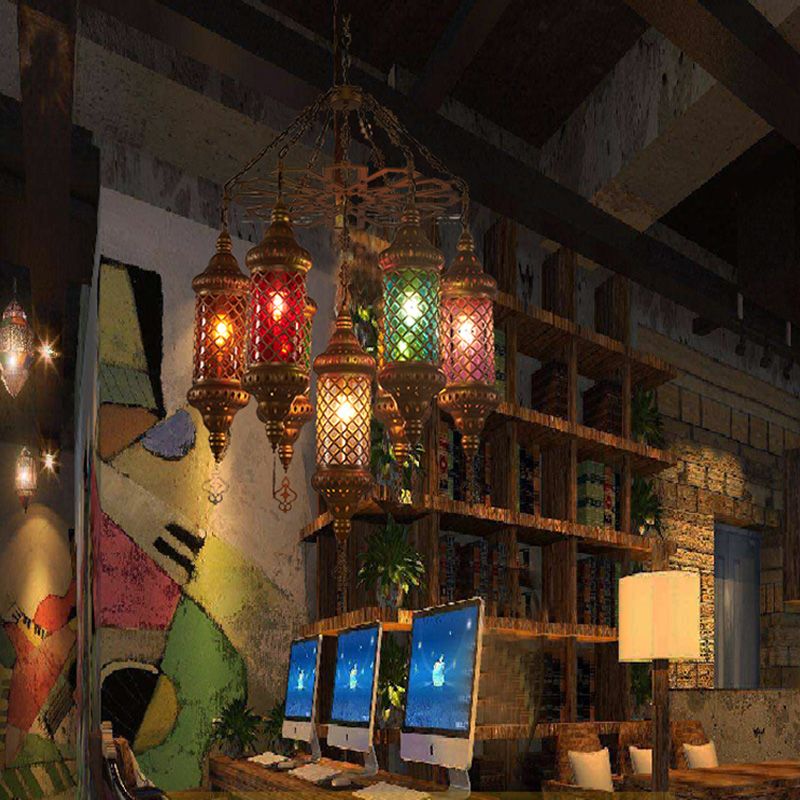 Brass Cylinder Pendant Lighting Industrial Stained Glass 7 Bulbs Restaurant Ceiling Chandelier
