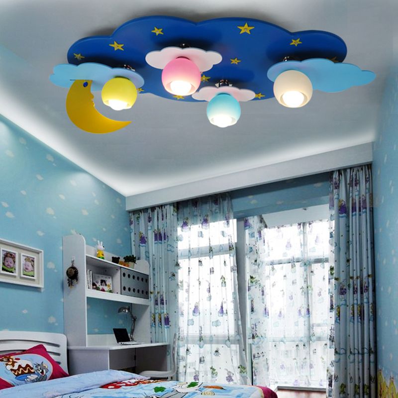 Cartoon Shape Wooden Ceiling Mounted Lamp Kids Style Blue Semi Flush Mount Lighting for Nursery