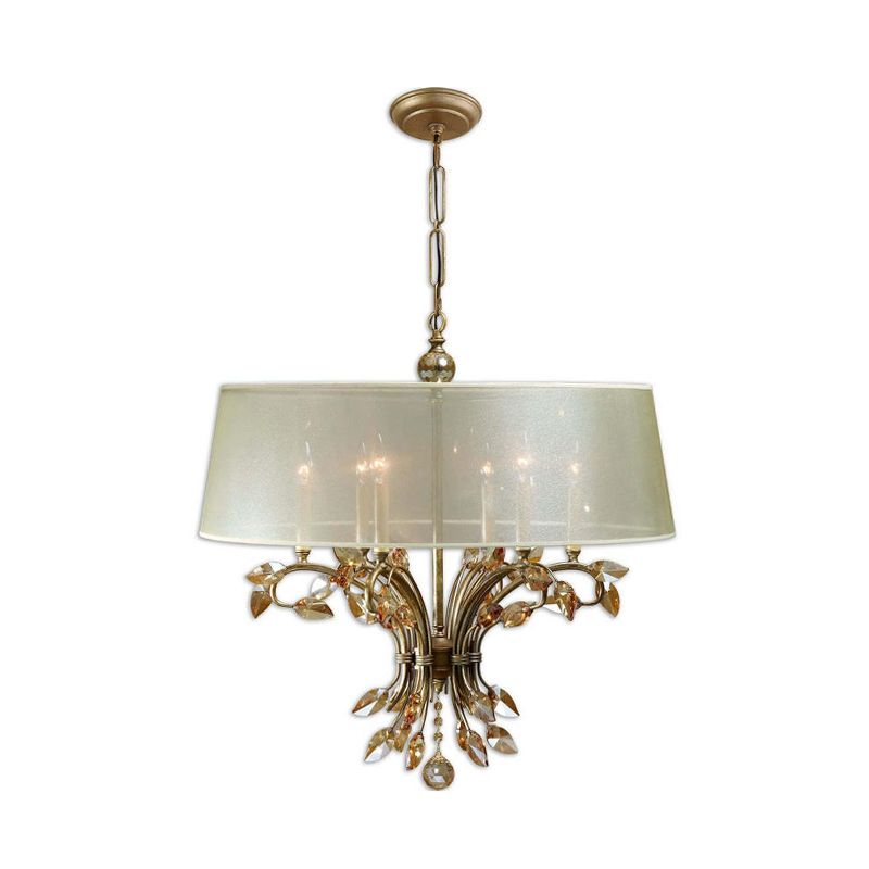 Drum Fabric Suspension Lamp Contemporary 6 Heads Living Room Chandelier Light Fixture in Brass