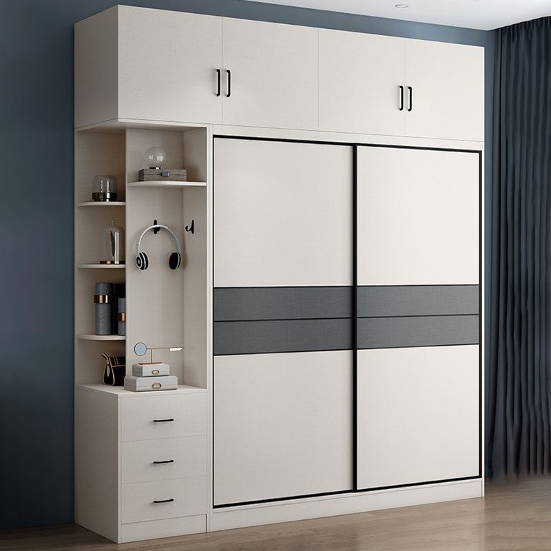 Sliding 2-Door Wood Wardrobe Cabinet Modern Freestanding Wardrobe Armoire with 2 Drawers