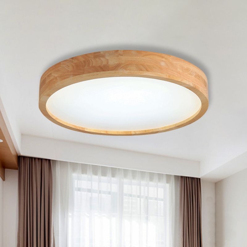 Minimalist Round Wood Ceiling Lamp Kit 12"/16"/19.5" Dia LED Beige Flush Mount Light in Warm/White Light