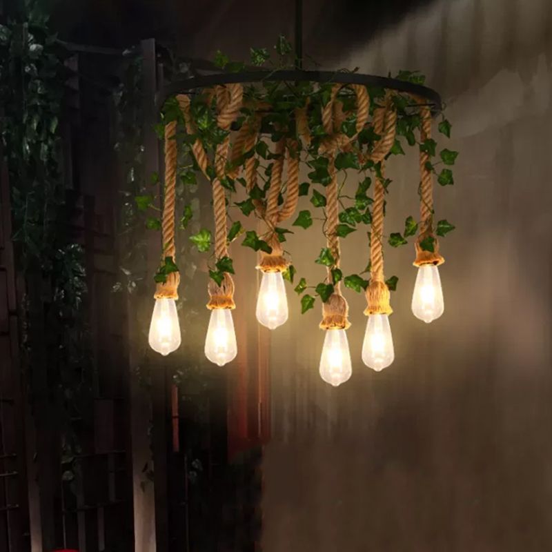 Wheel Iron Chandelier Light Rustic Restaurant Pendant Light Fixture with Plant Decor