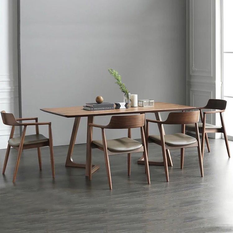Modern Solid Wood Brown Dining Table Rectangle Shape Dining Table with Double Pedestal Bases