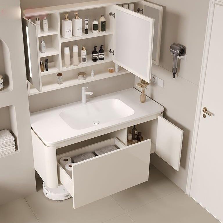 White Rectangular Vanity Single Sink Wall Mounted Wood Frame Bathroom Vanity with Mirror