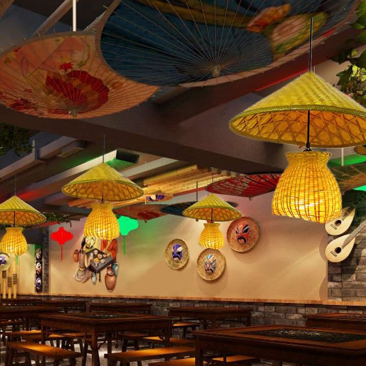 Beige gewebte Schattenhänge -Lampe Asian Stylish 16,5 "/19" W 1 Kopf Rattan Hängende Fixture Licht für Esszimmer