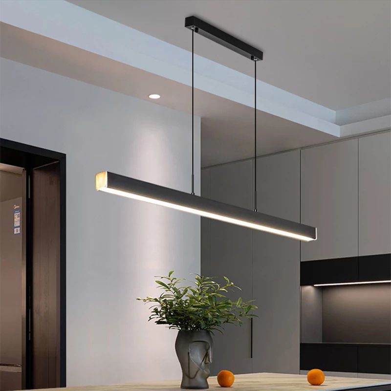 Legno di gomma + ferro moderno minimalismo dell'isola a led luce 59 "altezza regolabile cucina lunga cucina sospesa in nero