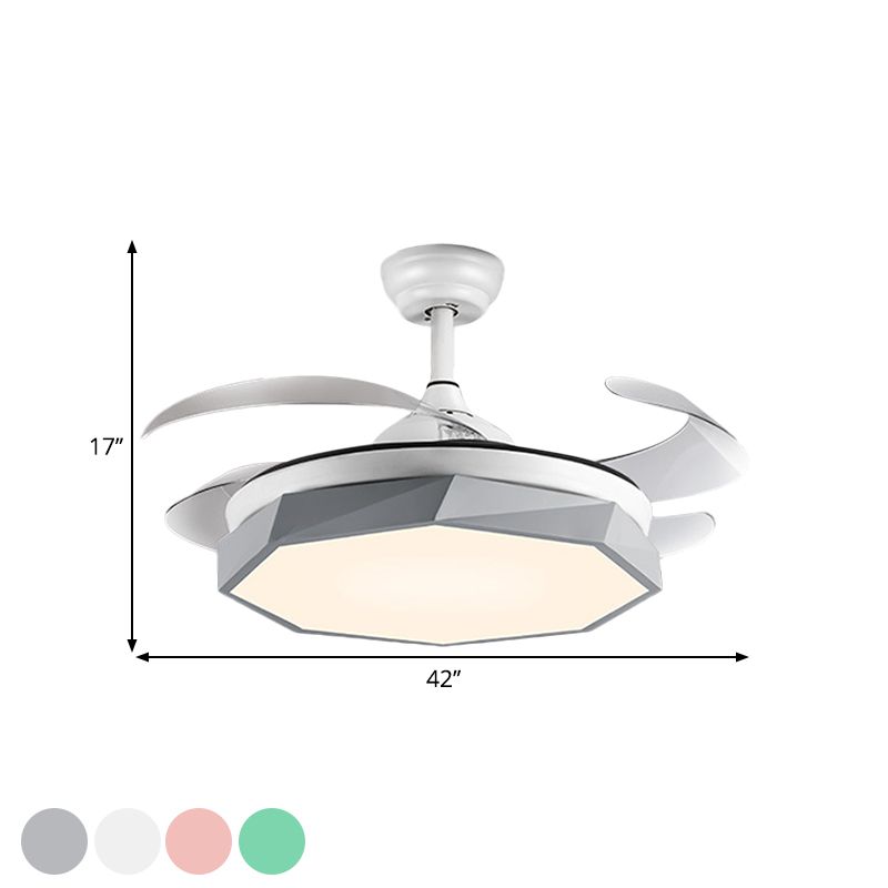42 "breit facettierte Oktagon Deckenlampe Minimalismus Acrylgrau/Weiß/Rosa 4 Blades LED -Pendellventilator für Wohnzimmer