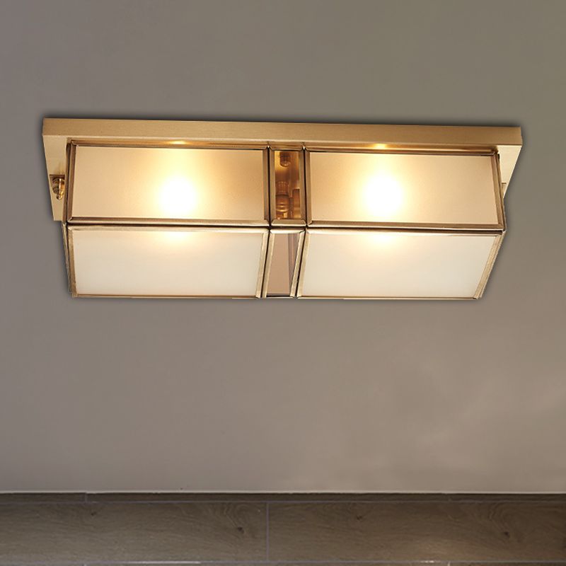 Brass Rectangle Flush Mount Fixture Classic Frosted Glass 4 Lights Living Room Flush Light