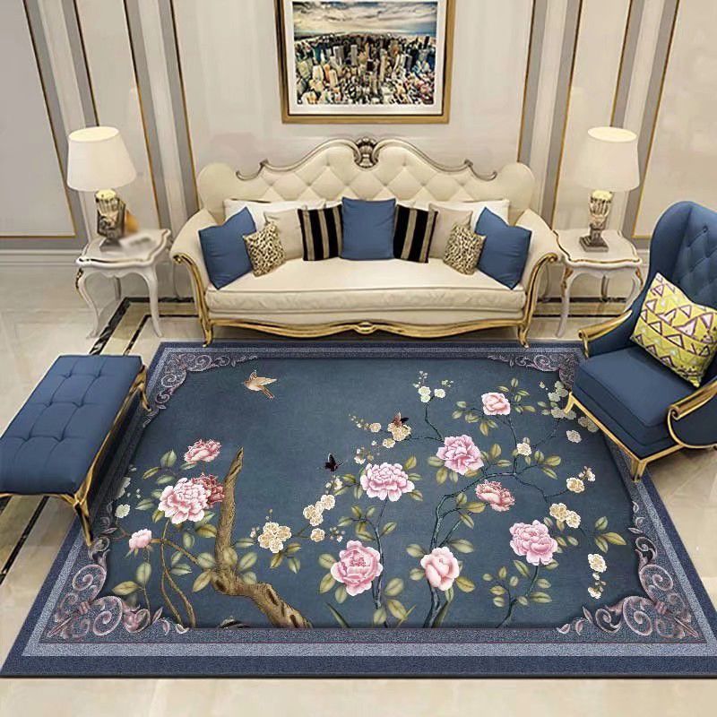 Black Modern Area Carpet Floral Pattern Polyester Area Rug Stain Resistant Rug for Home Decor