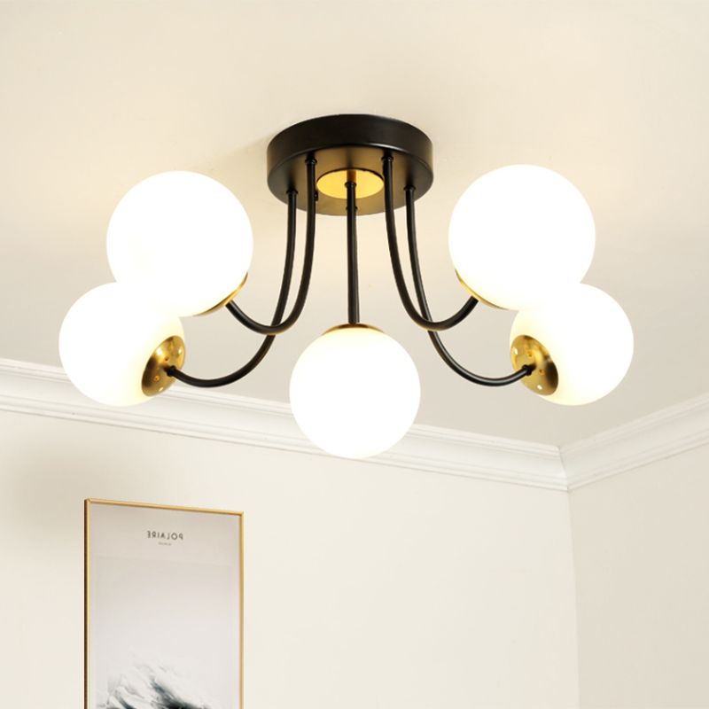 Plafonnier sphérique semi-encastré Post moderne blanc givré/verre ambré 5 ampoules lampe encastrée pour chambre à coucher