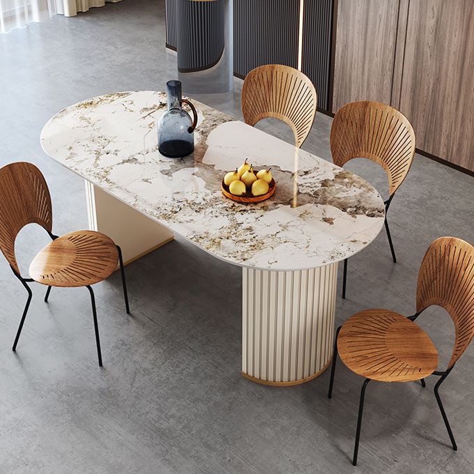 Metal Modern Oval Dining Table Sintered Stone Top Table with Double Pedestal